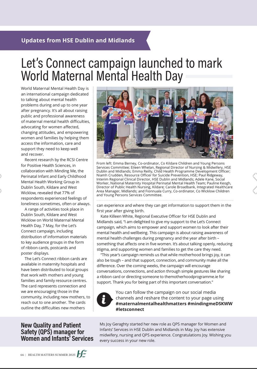 HSEDubMidlands's tweet photo. Two great stories from #HSEDubMidlands featured in Health Matters:
Let’s Connect campaign supports maternal mental health
Cian’s Kennels brings mobile pet therapy to Mullingar Hospital
Amazing work by our dedicated teams!
#MaternalMentalHealth #CiansKennels #HealthMatters https://t.co/OZ9ryK7khP