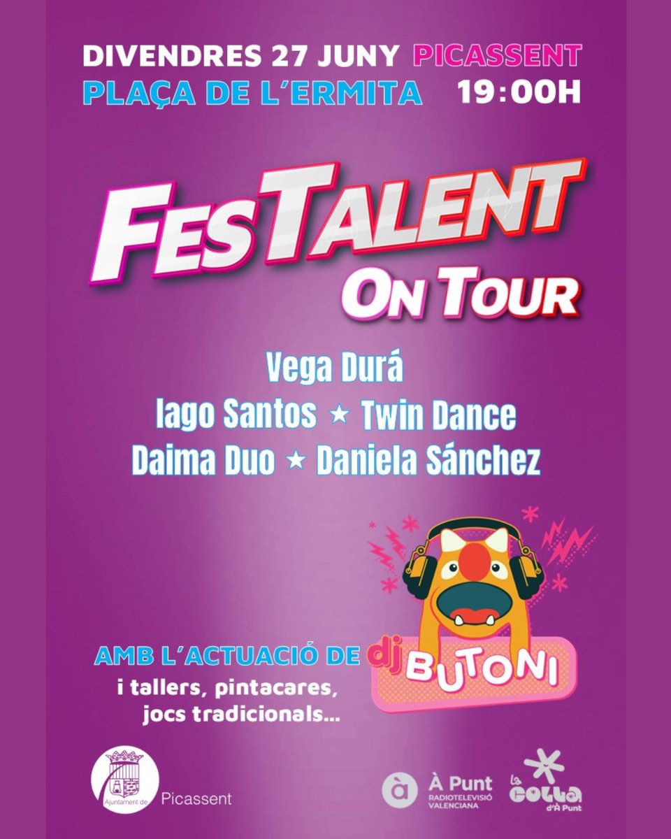 À Punt (@apunt_media) on Twitter photo 🎶 🚍Continua la gira “FesTalent on tour” amb els finalistes de totes les edicions del programa de <a href="/lacolladapunt/">La Colla d'À Punt</a>.
🥳Hui estem a #Picassent, esteu preparats?
➡️Des de les 19:00 h
📢Accés gratuït fins a completar l’aforament.
I recorda que demà seguim!💃
📍 A Guardamar del 🎶 🚍Continua la gira “FesTalent on tour” amb els finalistes de totes les edicions del programa de <a href="/lacolladapunt/">La Colla d'À Punt</a>.
🥳Hui estem a #Picassent, esteu preparats?
➡️Des de les 19:00 h
📢Accés gratuït fins a completar l’aforament.
I recorda que demà seguim!💃
📍 A Guardamar del