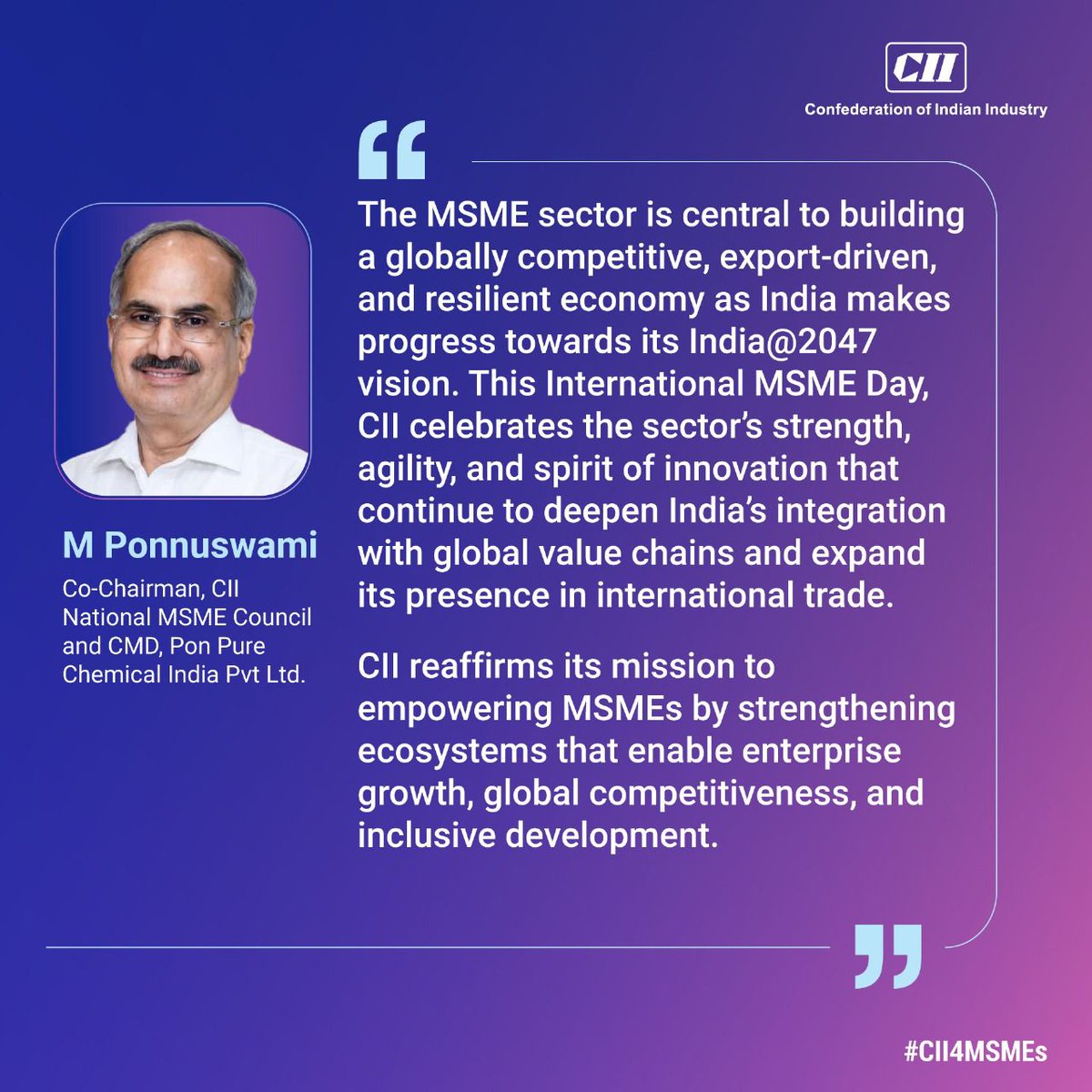 Confederation of Indian Industry (@followcii) on Twitter photo #MSMEs are key to building a competitive, export-led, and resilient economy as India moves toward its India@2047 vision. On #MSMEDay, CII celebrates their strength, agility and innovation, reaffirming its mission to empower MSMEs through stronger ecosystems and inclusive growth, #MSMEs are key to building a competitive, export-led, and resilient economy as India moves toward its India@2047 vision. On #MSMEDay, CII celebrates their strength, agility and innovation, reaffirming its mission to empower MSMEs through stronger ecosystems and inclusive growth,