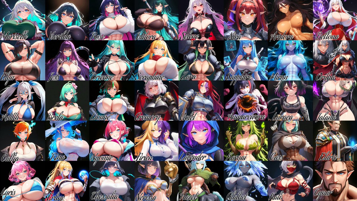 Erlinegtsart's tweet photo. Full roster of characters in Project Mythirion https://t.co/GbRca4Nsrb