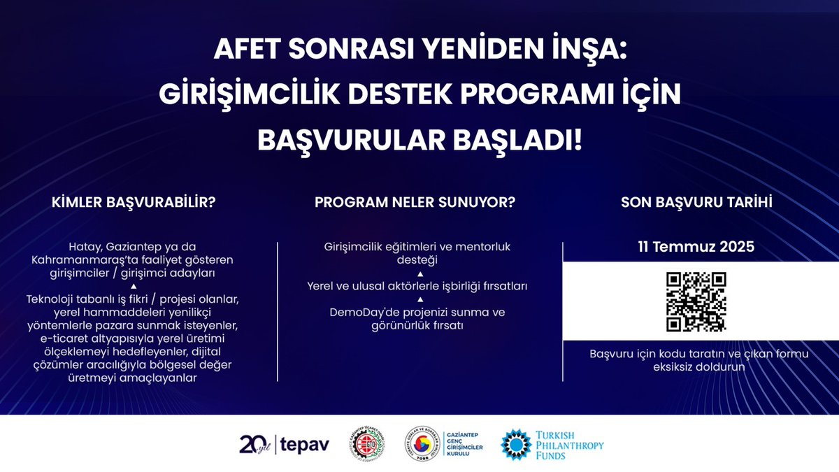 “Afet Sonrası Yeniden İnşa: Girişimcilik Destek Programı” Başvuruları Başladı!

TEPAV’ın, Turkish Philanthropy Funds (TPF) desteğiyle yürüttüğü “Afet Sonrası Yeniden İnşa: Girişimcilik Destek Programı” başvuruları Hatay, Gaziantep ve Kahramanmaraş’taki girişimciler ve girişimci