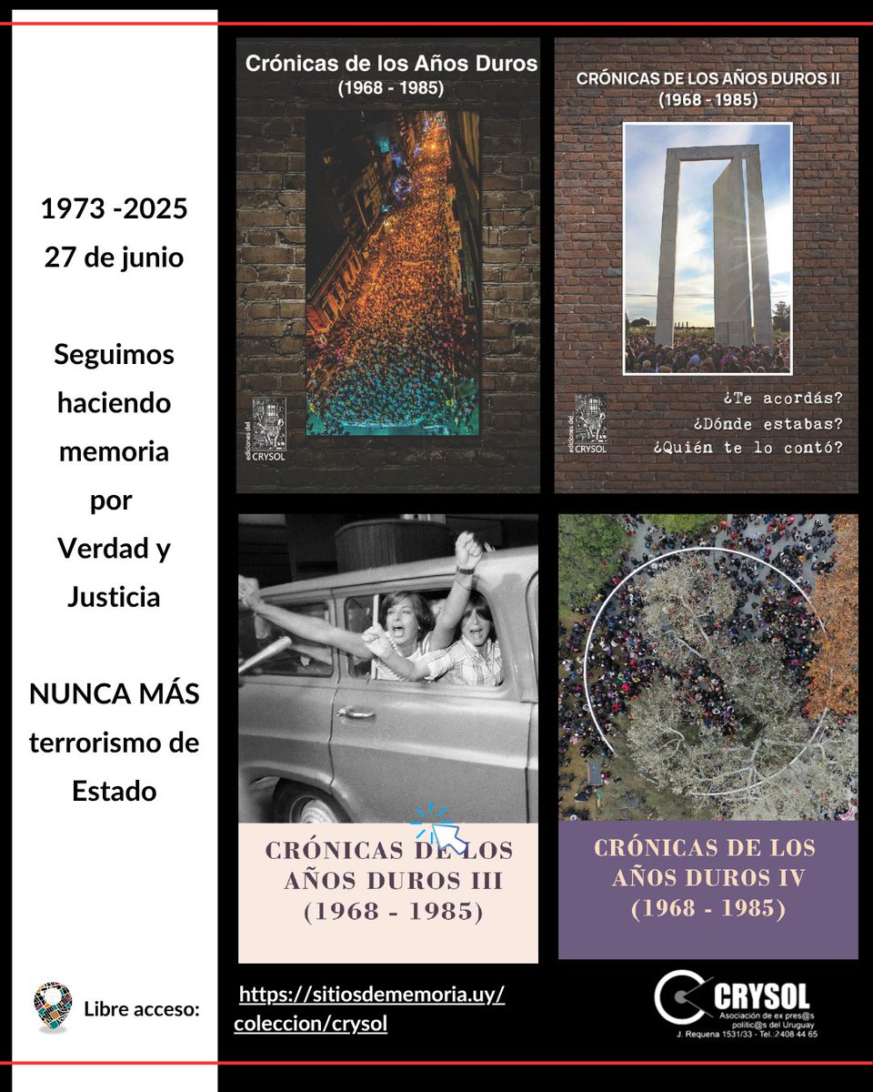 📕📚 "Biblioteca de Crysol" pone a disposición pública versiones digitales de libros editados por la Asociación de ex presas y presos políticos de Uruguay <a href="/Crysol8/">Crysol</a> .
Acceso para libre lectura 👇
sitiosdememoria.uy/coleccion/crys…