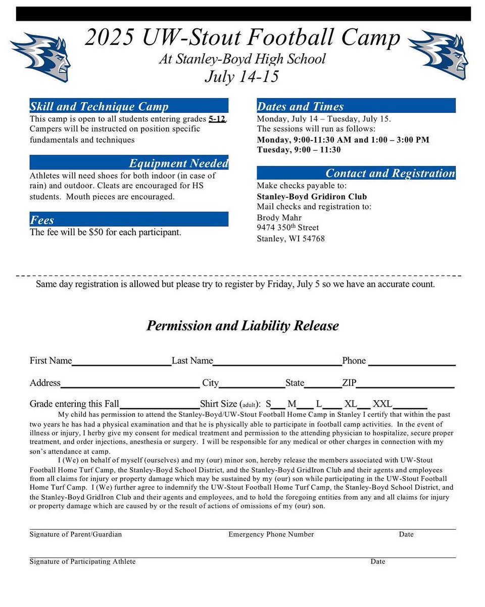 StanleyBoydFB's tweet photo. 🚨 2025 UW-Stout Football Camp at Stanley-Boyd High School 🚨
📅 July 14-15 | 🕘 Grades 5-12 | 💰 Only $50

Join us for two days of high-level skill development and position specific instruction led by college coaches and local staff! This is a great opportunity to grow your game https://t.co/jGvAXN3y1r