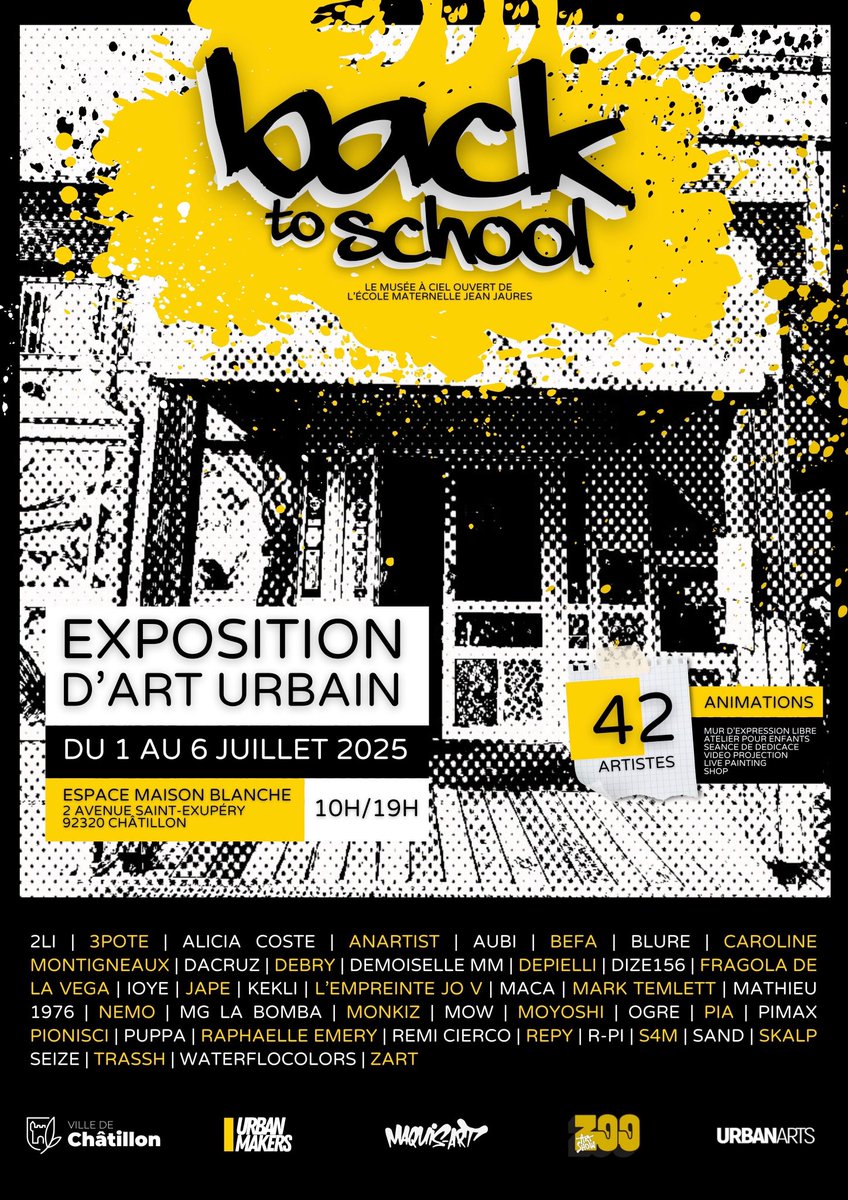 dacruz (@dacruzgraffiti) on Twitter photo Je participe à cette exposition « Back to School » imaginé par <a href="/pionisci/">Jack pionisci</a> qui aura lieu du 1er au 6 Juillet prochain à l’ESPACE MAISON BLANCHE 2 avenue Saint-Exupery 92320 Châtillon.
vernissage le 1er juillet de 18h à 22h . Je participe à cette exposition « Back to School » imaginé par <a href="/pionisci/">Jack pionisci</a> qui aura lieu du 1er au 6 Juillet prochain à l’ESPACE MAISON BLANCHE 2 avenue Saint-Exupery 92320 Châtillon.
vernissage le 1er juillet de 18h à 22h .