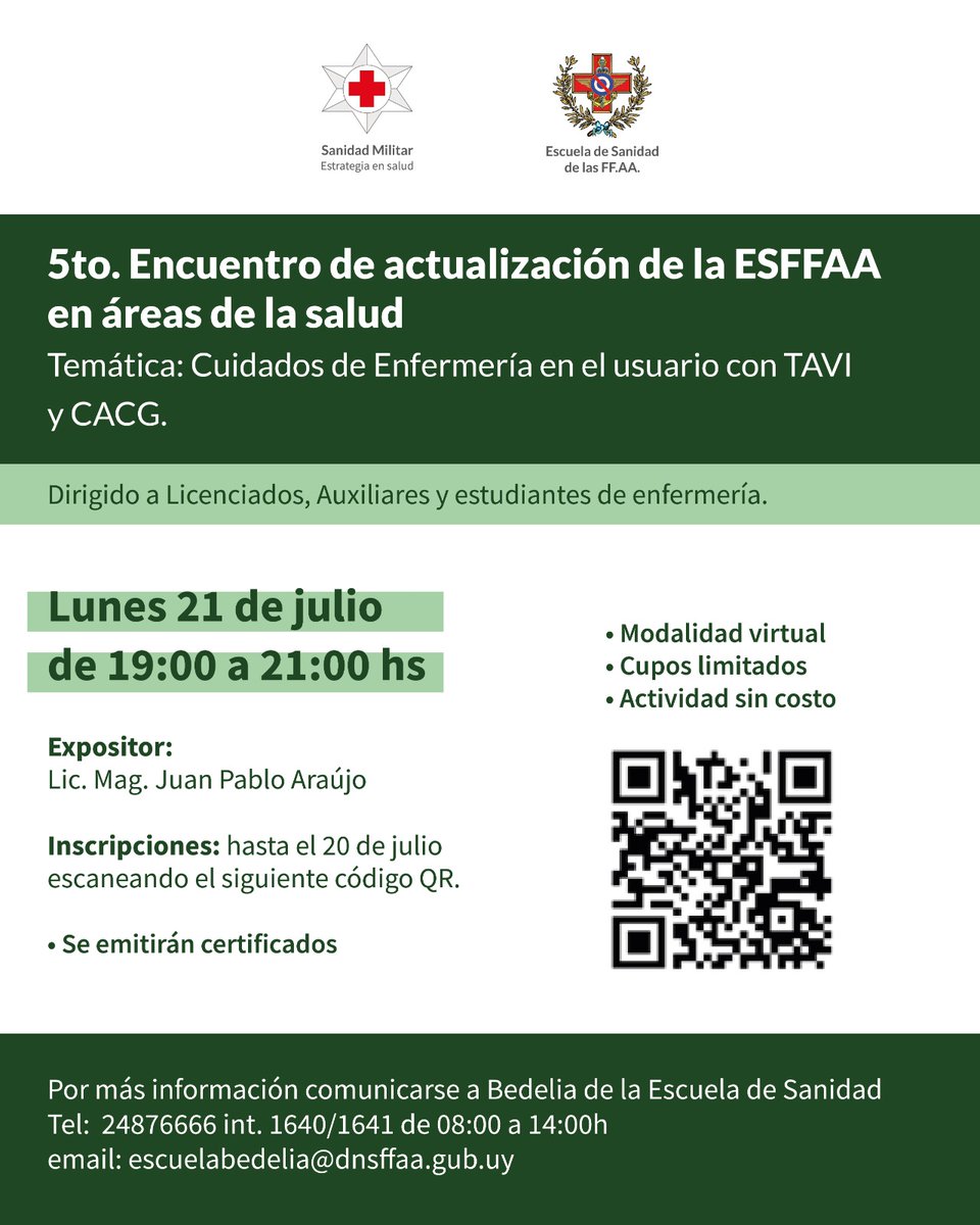 5to. Encuentro de actualización de la ESFFAA en áreas de la salud
✅Temática: Cuidados de Enfermería en el usuario con TAVI y CACG.

📆Lunes 21 de julio de 19:00 a 21:00 hs
✍Inscripciones: hasta el 20 de julio por medio del siguiente enlace forms.gle/VdKoxwBDn6NMS5…