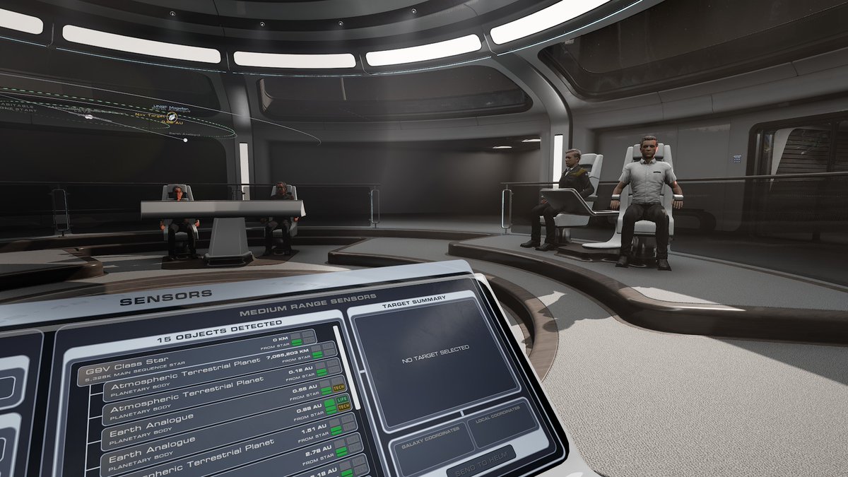 We've added NPCs to the bridge!

Currently, only the Helm and Science Sensors are functional, as other consoles remain inactive.

Players can take the Captain's role, use the holo-display to select targets, direct the Science Officer to perform scans or adjust the holo-display,