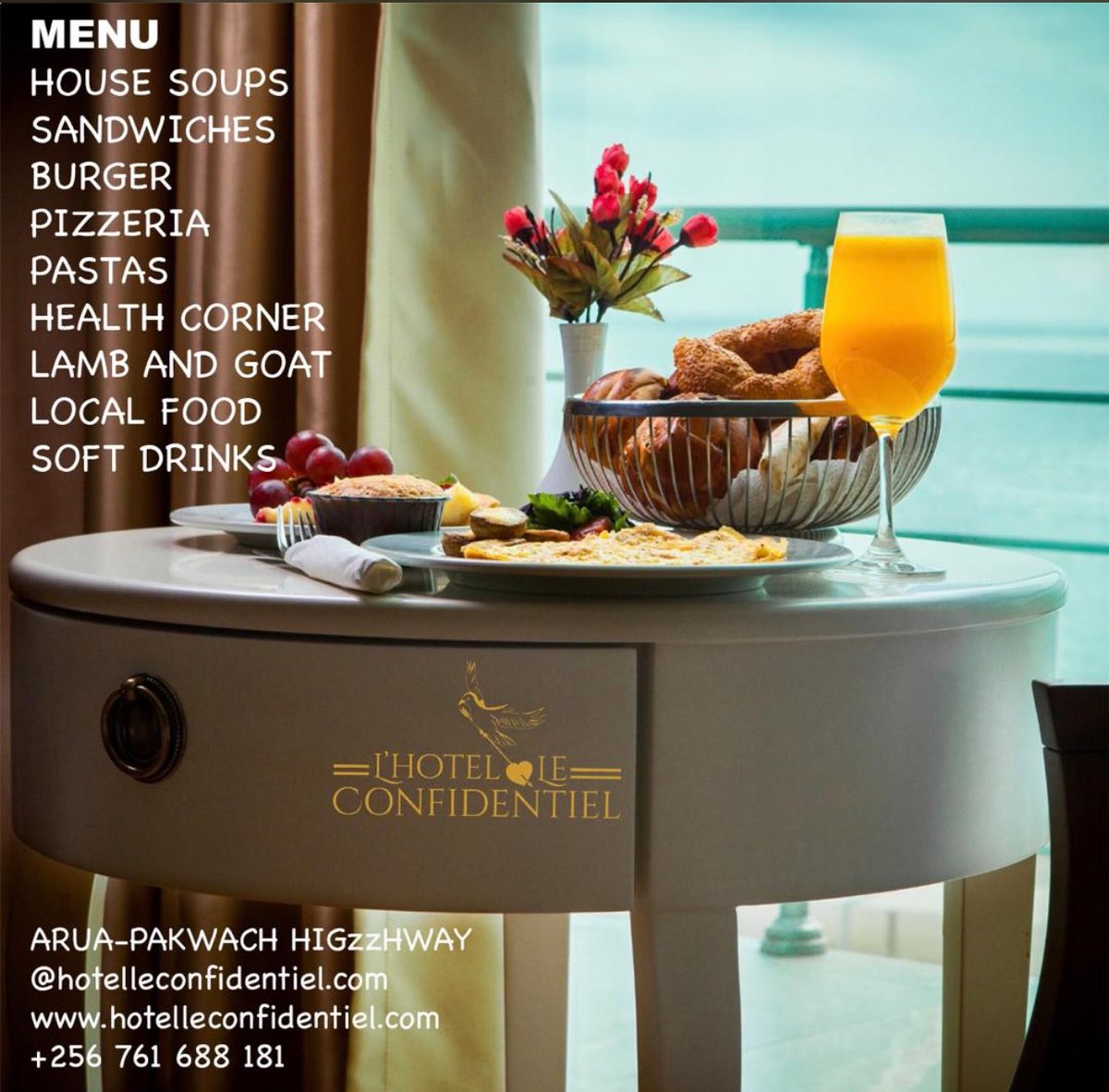 LeConfidentiel_'s tweet image. Start your day the Confidentiel way ☕🍽️
From rich soups to gourmet burgers, pastas, fresh juices & more we serve it all with elegance and flavor.
📍Arua-Pakwach Highway
📞 +256 761 688 181
🌐 hotelleconfidentiel.com
#LeConfidentiel #LuxuryDining #UgandaEats