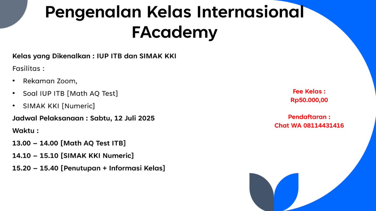 FAcademyaja's tweet image. Halo Teman² semua...

Buat yang pengen tau kelas Inter yang diadakan FAcademy seperti apa, bisa ikutan kelas ini yaa... Dijamin kelasnya seru dan asik diikuti.

Testimoni bisa lihat di pin post ya ges ya... 

#simakui 
#kkiui 
#iupitb 
#ITB 
#ugm 
#kelasinter