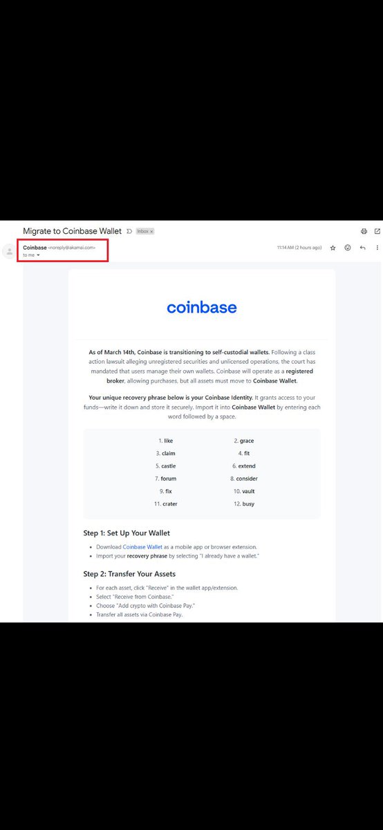 's tweet image. ⚠️ ALERT:Coinbase users are being targeted by phishing scams involving fake emails about wallet migration.These fraudulent messages aim to steal recovery phrases and take over accounts.Remember never share your recovery phrase.Coinbase will never request it.Stay alert and safe ✅