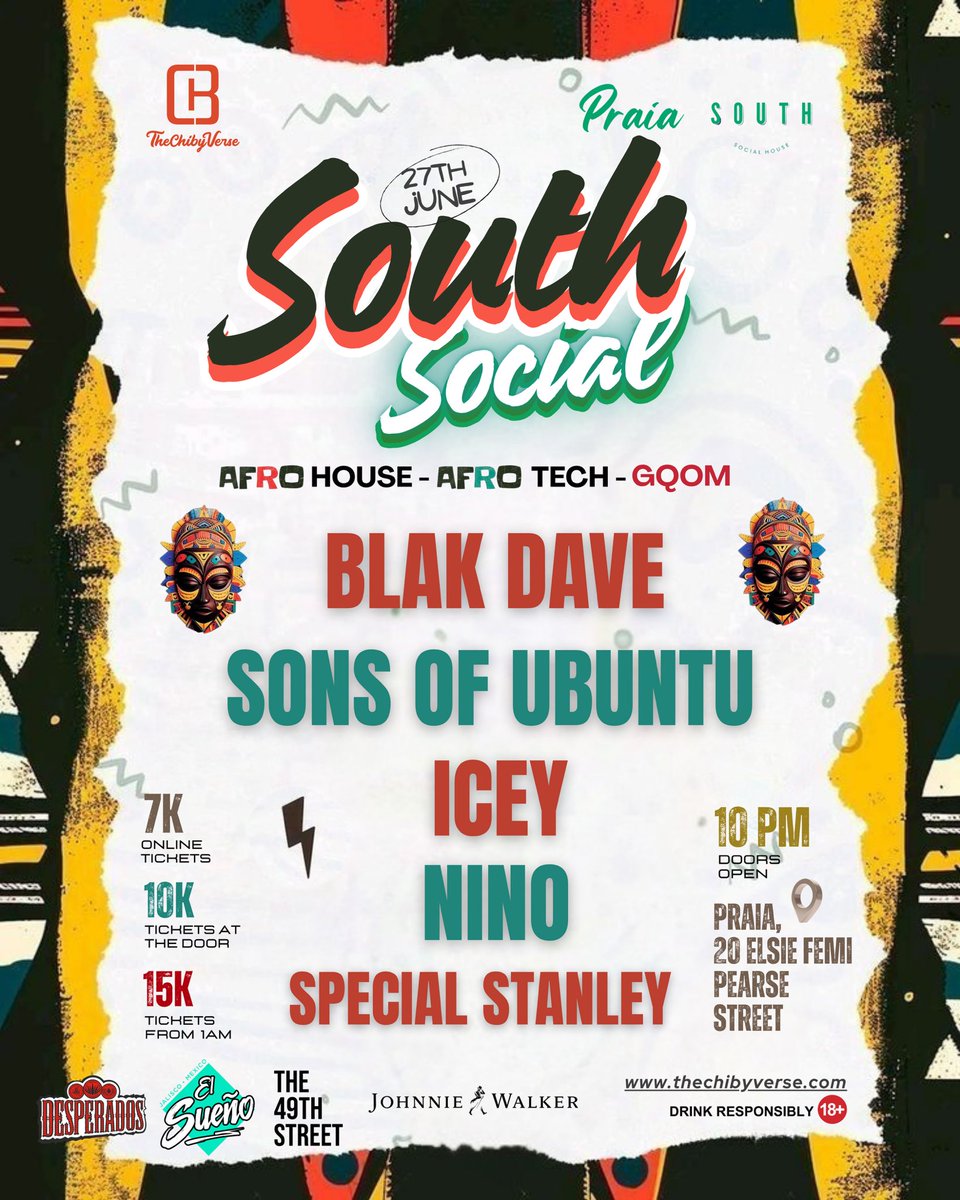 Blak Dave (@_blakdave) on Twitter photo If you love music, you love house music.
South Social <a href="/TheChibyVerse/">TheChibyVerse</a> Afrohouse takeover tonight! 🦅🔥
Set time: 1 AM 🚀 If you love music, you love house music.
South Social <a href="/TheChibyVerse/">TheChibyVerse</a> Afrohouse takeover tonight! 🦅🔥
Set time: 1 AM 🚀