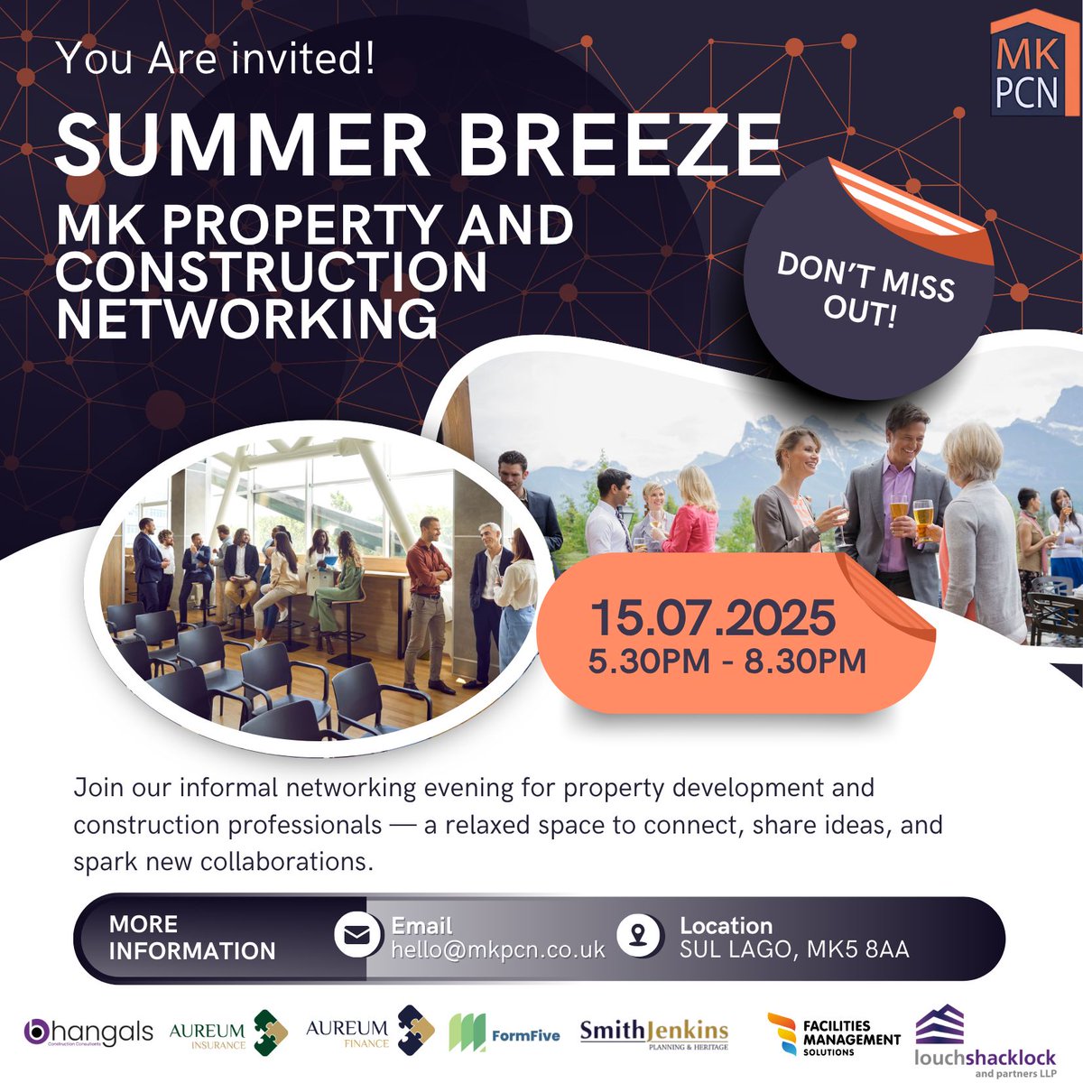 Join us for an evening of conversation, connections, and chilled drinks at Sul Lago in MK.

If you work in property or construction — this is where you need to be on the 15th July.

Don’t leave it too late — booking closes 6pm Monday 14th July.

➡eventbrite.co.uk/e/mkpcn-summer…