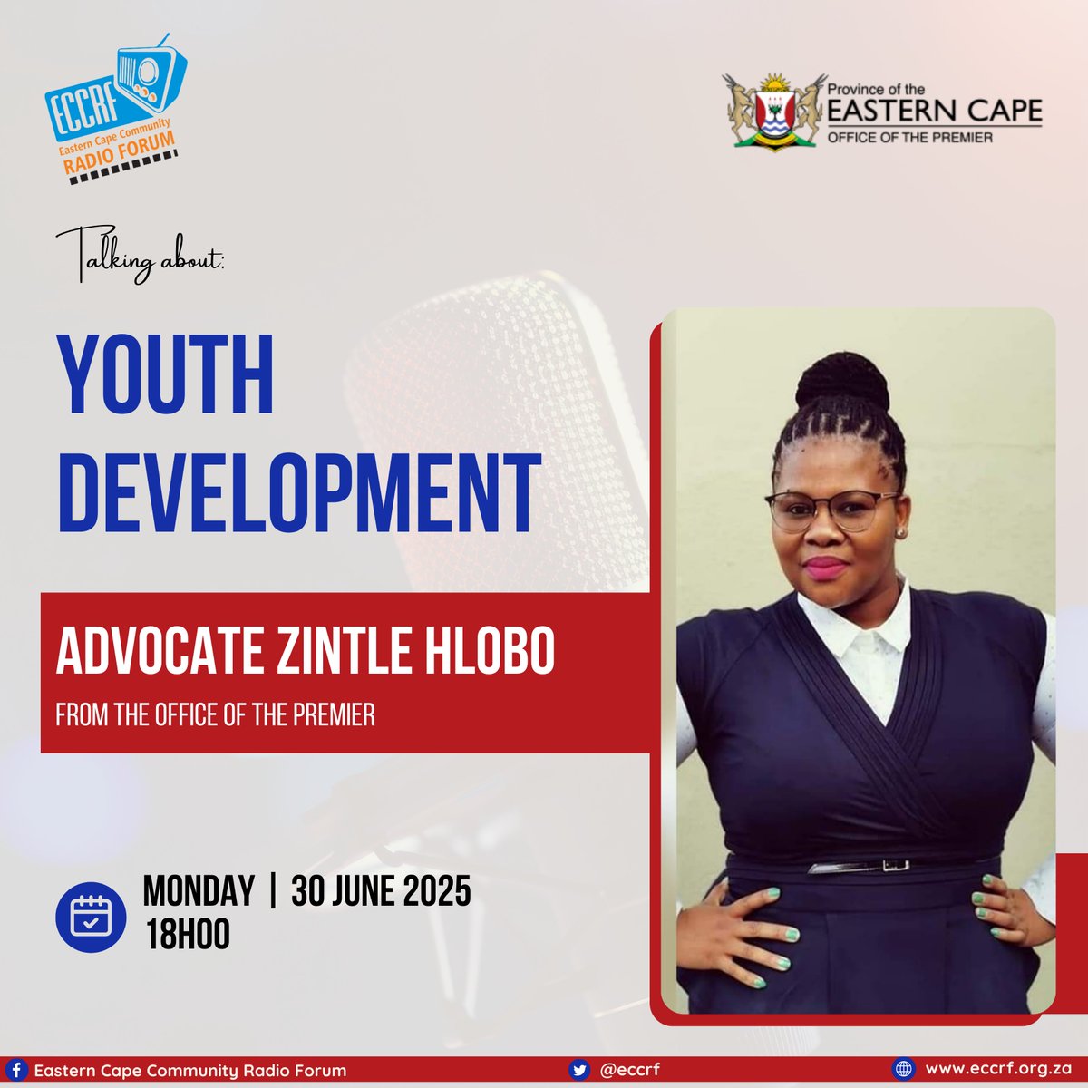 Stay tuned in on your community radio station as Advocate Zintle Hlobo will be talking about Youth Development.

#youthmonth2025