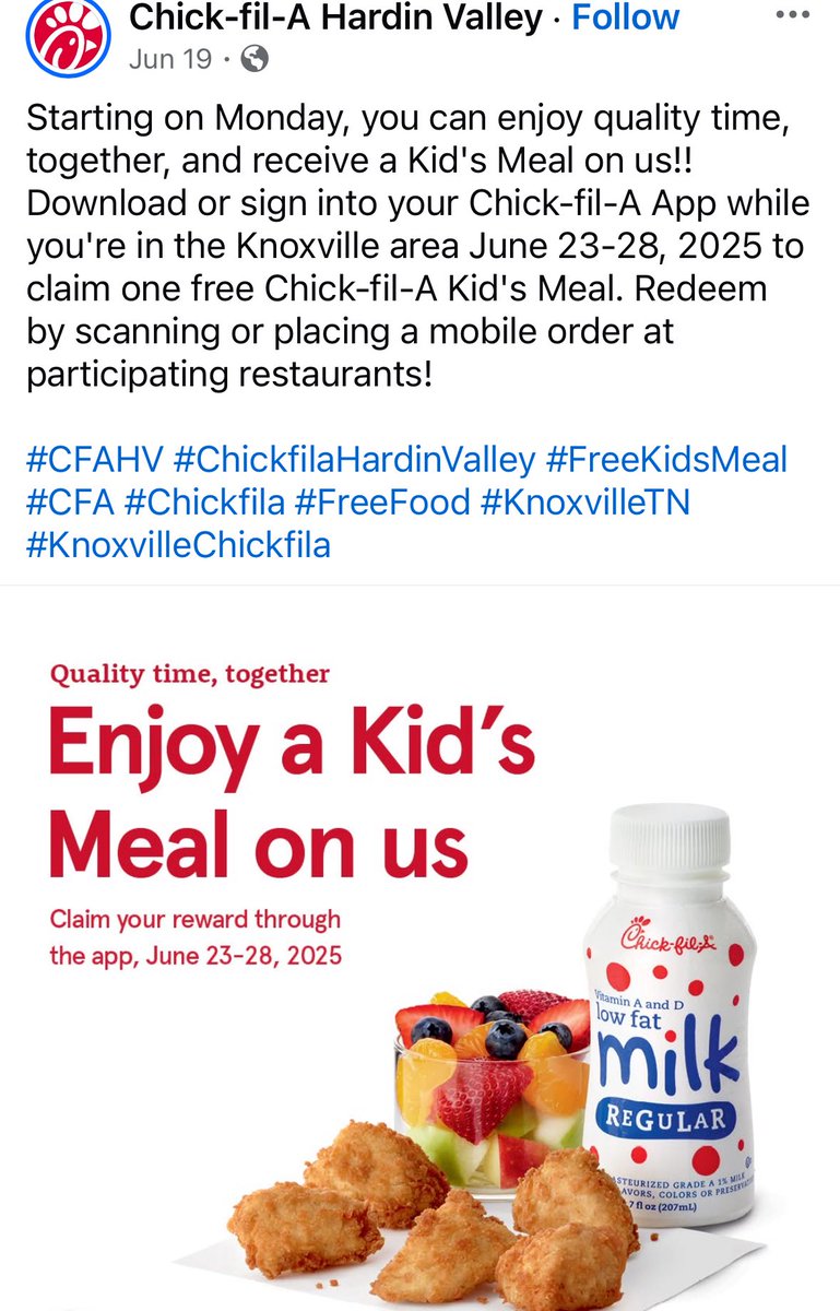 How do you know when you are in a tough operating environment?

When CFA starts discounting. 

CFA discounting is a rarity

Their first “discount” in years was the debut of their family meals. A few bucks off a $40 order. 

Now - Free Kids Meals 👀