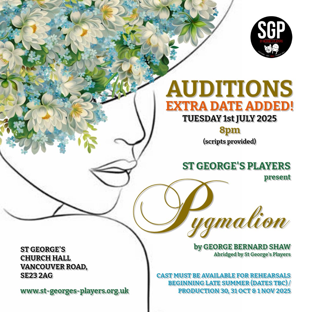 AUDITIONS! EXTRA DATE ADDED: Tues 1st July. For our Autumn Production "PYGMALION" by George Bernard Shaw. List of Characters on previous post
#pygmalion #GeorgeBernardShaw #amdram <a href="/DramaGroups/">Drama Groups</a> <a href="/BHillvillage/">BlytheHillVillage</a> <a href="/FHSoc/">Forest Hill Society</a> <a href="/StGs_PerryHill/">St George's, Perry Hill</a> <a href="/amdramcouk/">The Amateur Theatre Network</a> <a href="/SydenhamSociety/">Sydenham Society</a> <a href="/Broc_Soc/">Brockley Society</a> <a href="/se23ldn/">@Se23ldn💙</a>