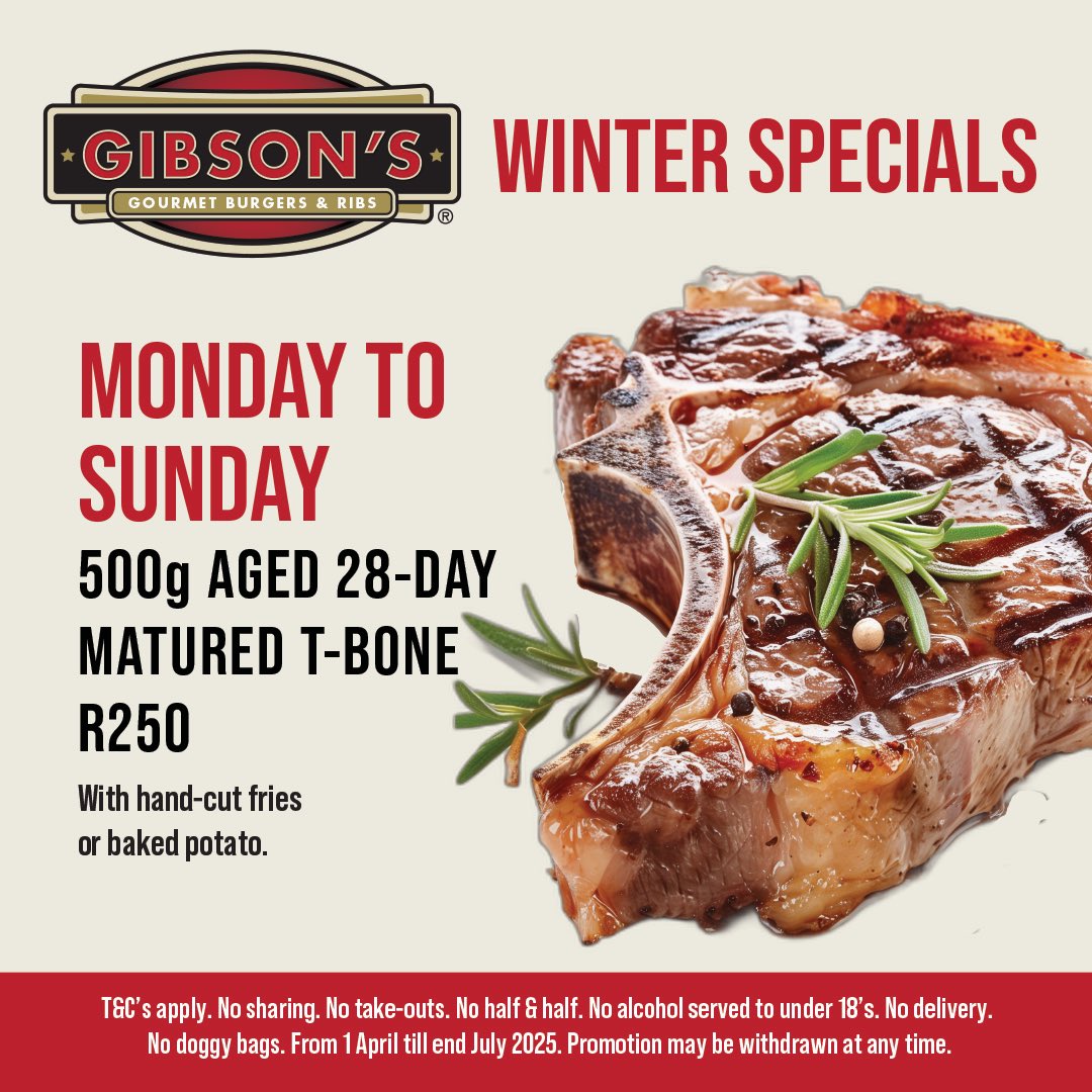 GibsonsBurgers's tweet photo. Treat yourself to our 500grams aged 28-day matured T-Bone steak with hand-cut fries or baked potato.
Available Monday to Sunday.
#gibson #gibsonscapetown #steak #winterspecial* #andwaterfront #special #dailyspecial https://t.co/AyBeL2Yemm