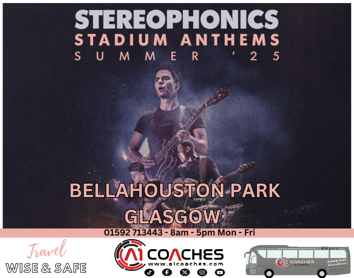 LAST FEW SEATS REMAINING  🎸🎤 Stereophonics at Glasgow Summer Sessions, Bellahouston Park, on 28th June 2025! 🎸🎤 

🎟️ Book by calling us as the link from a1coaches.com has been taken down. 

☎️ - Call Us: 01592 713443