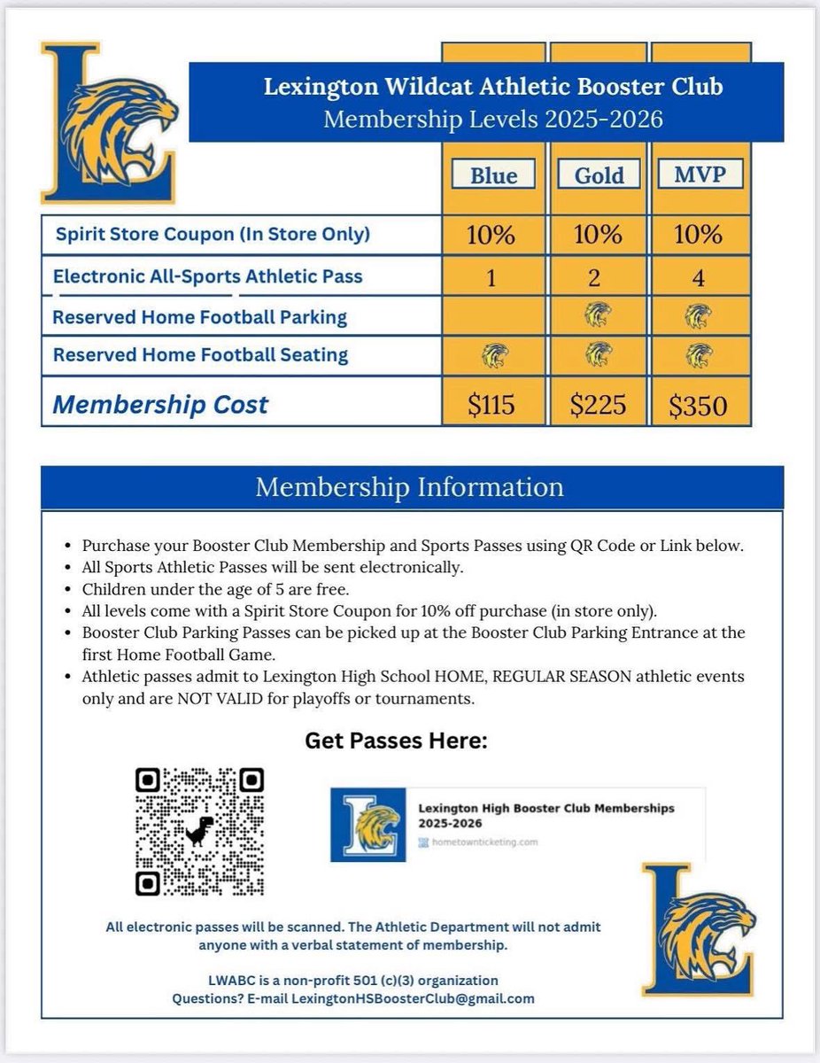 The 25-26 Booster Club Memberships are ready for purchase. Get the All Sports Pass to support our programs and.athletes at Lexington High School.