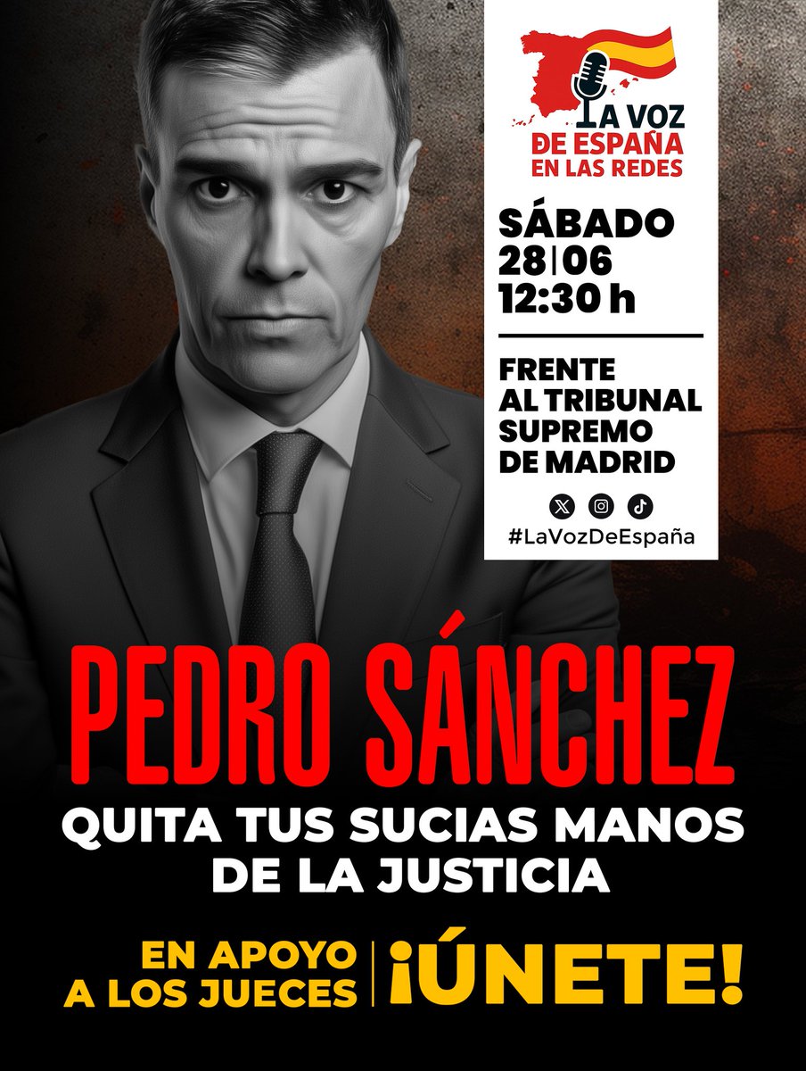 🔴 MAÑANA TODOS AL TRIBUNAL SUPREMO 

Mañana estaremos todos a las 12:30h en el Tribunal Supremo para apoyar a los jueces.

¡Sánchez quita tus sucias manos de la justicia!

¡Comparte! #LaVozDeEspaña