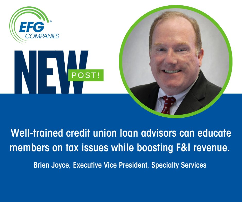 EFGCompanies's tweet photo. Consumers soon could face tax deduction questions.  Well trained credit union lending advisors can inform and educate members while boosting F&amp;I revenue. Read the latest blog from @BrienJoyce – learn more about the issues and opportunities. https://t.co/PKaqxUpX7F https://t.co/Nt6tfjYIW6