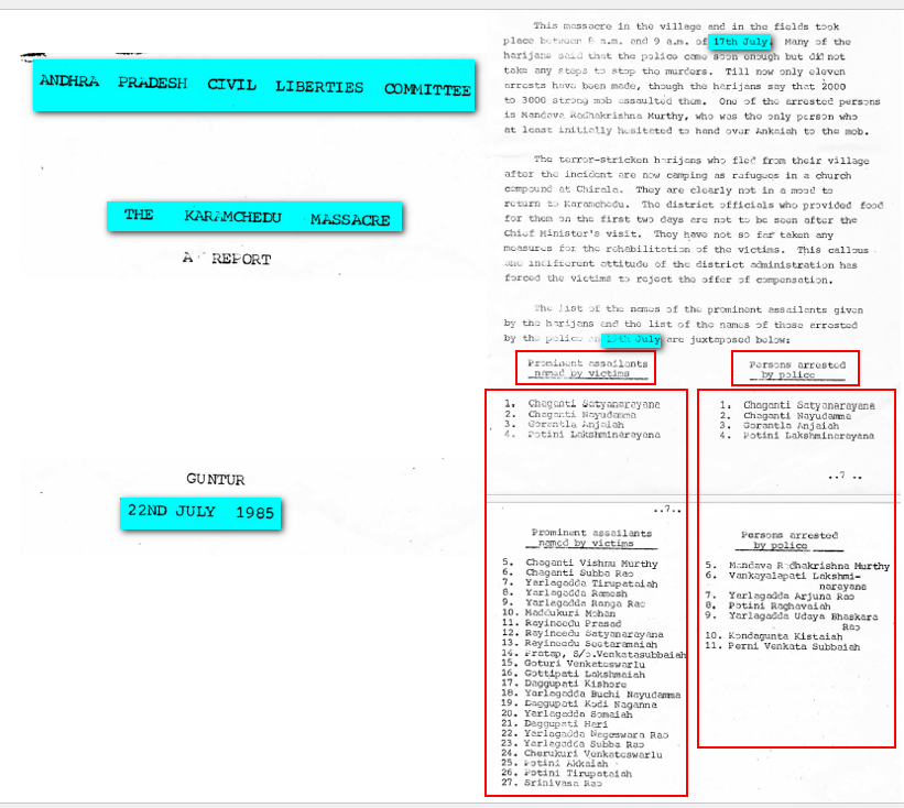 eclector1419857's tweet image. #కారంచేడు #KaramcheduMassacre #Karamchedu

#APCLC fact-finding report (a communist-leaning group):

🗓️ Massacre Incident Date: 17-July-1985

🗓️ Visit Date : 19-July-1985

📄 No mention of Chenchuramiah in their report.