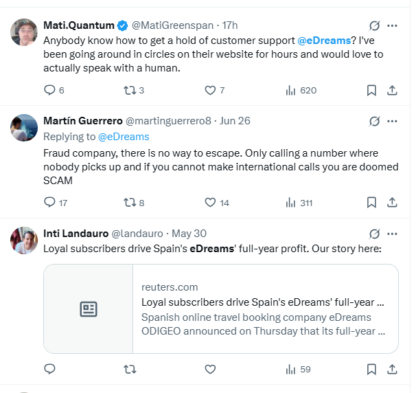 Look -  there are countless stories on X about the practices of <a href="/eDreams/">eDreams</a>!  It’s not just me, or even your former colleague Director in the European Commission <a href="/JohnAClarkeEU/">john clarke</a>. This affects millions of consumers across Europe.

Can you truly help? Because this has been going on for