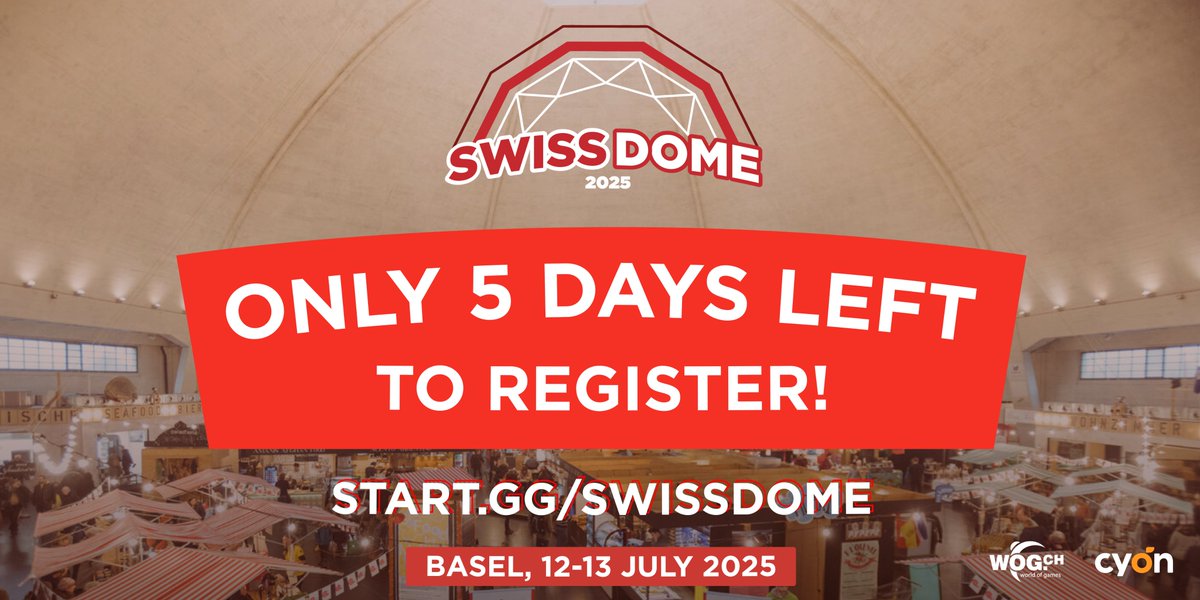 You only have 5 more days to register to #SwissDome!
It's going to be an event you don't want to miss 🔥
Need any more reasons to come? Comment them below ✍️
➡️ start.gg/swissdome