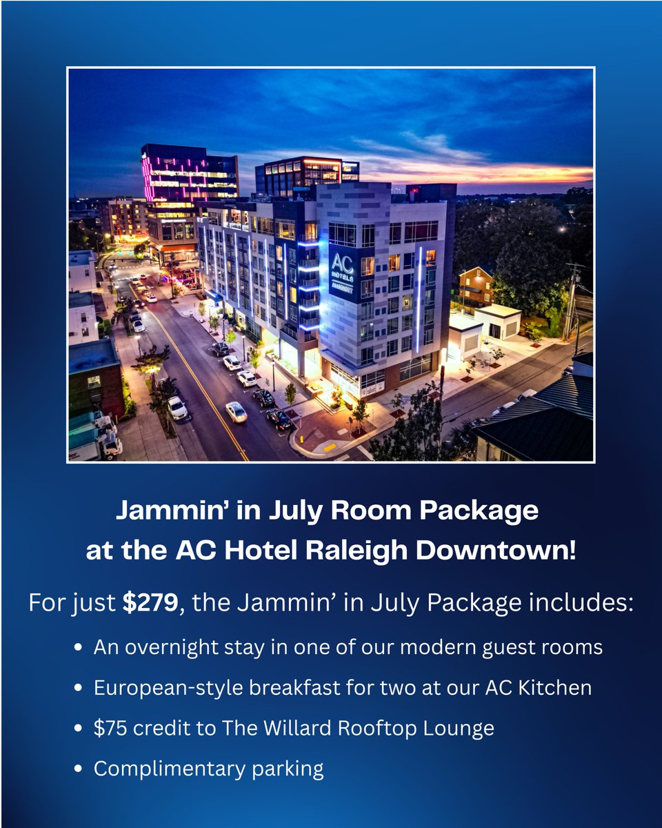 The AC Hotel Raleigh Downtown is welcoming guests to celebrate July 4th weekend in style. Book a room from July 2-6 for $279 a night.

The AC Hotel Raleigh Downtown is located at 9 Glenwood Ave., Raleigh.

Info: thewillardraleigh.com/happenings/jam…