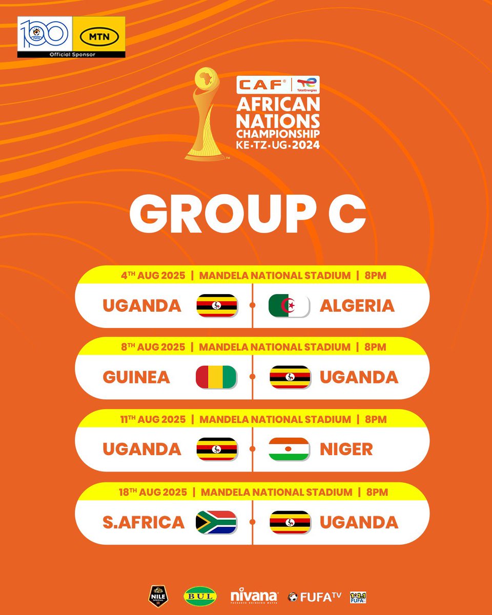 KatumbaSalim's tweet image. All is set for Group C. 
First Match 4th August, 2025. 
Ready for night football.
All @mandelastadium 
#TotalEnergiesCHAN2024 
@UgandaCranes 
@OfficialFUFA