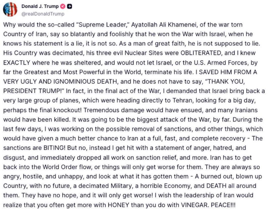 Donald Trump just admitted exactly what I said when the ceasefire began:

"I saved (Khamenei) from a very ugly death."

Now Trump is fed up because instead of showing a shred of gratitude, the regime in Iran is more hostile than ever towards America. 

There is a lesson here.