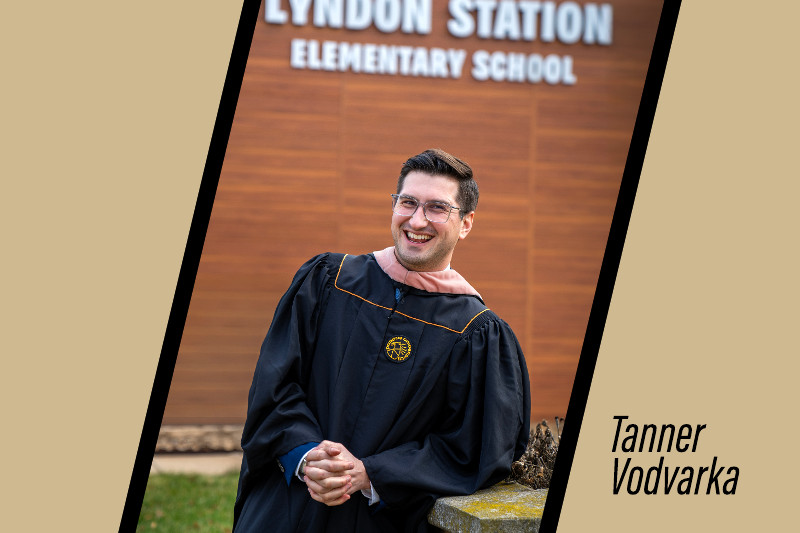 The Department of Public Health would like to recognize Tanner Vodvarka, MHA, for participating in our Winter 2024 Hooding Ceremony. *SEE ALT TXT FOR TANNER'S FAVORITE MEMORY AND HIS NEXT GIANT LEAP*