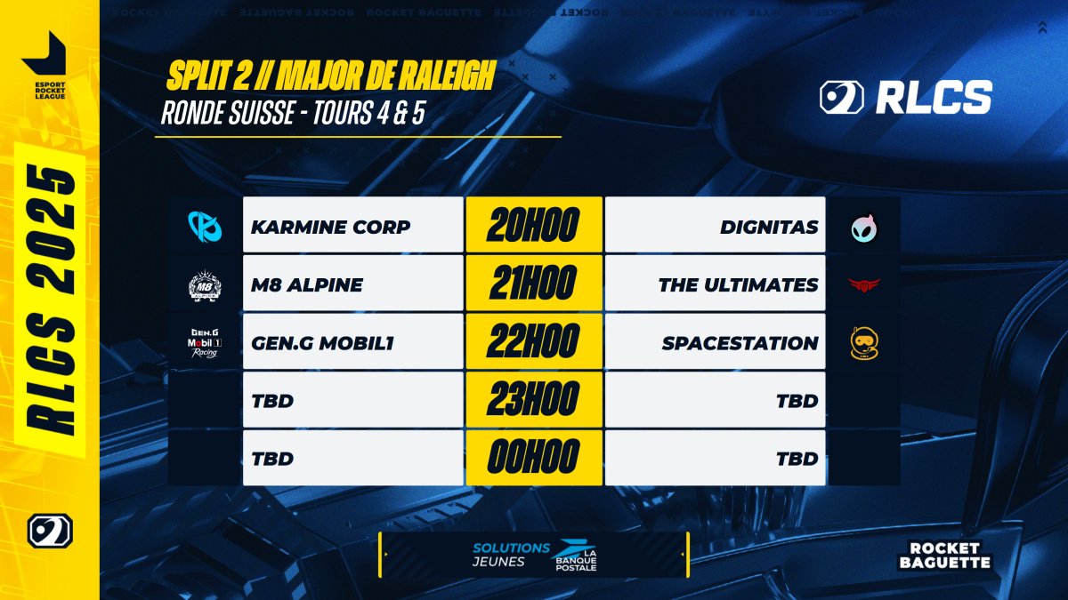 RocketBaguette's tweet photo. 🚨 MAJOR #RLCS de RALEIGH - JOUR 2 🚨
Voici le programme de la suite et fin de Ronde Suisse, avec les tours 4 et 5 ! On y va jusqu'au bout de la soirée. 🌟🌙

⏰ Les horaires peuvent être légèrement modifiés.
🅱️ Les autres matchs sont à suivre sur @RLEsports.