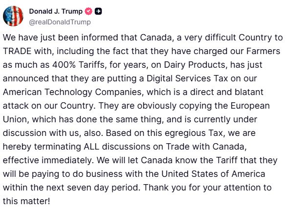 siomoCTV's tweet image. BREAKING: Donald Trump announces trade talks with Canada are OVER, tariff on our goods entering the U.S. to be announced
Trump cites the Digital Services Tax set to kick in on June 30th and the dairy supply management system