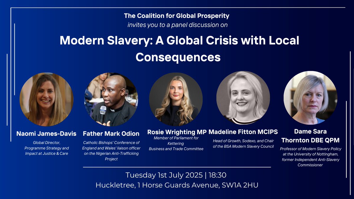 📣 Ten years on from the Modern Slavery Act, where does the UK stand?

Join us on 1st July as experts from across politics, business and faith reflect on the evolving nature of modern slavery, and how to combat it.

🥂 Drinks to follow!
🔗 coalitionforglobalprosperity.com/events/modern-…