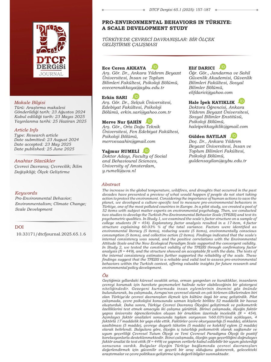 📝 Türkiye bağlamında çevre yanlısı davranışları ölçmeye yönelik güvenilir ve geçerli bir ölçüm aracı geliştirilmesi için verdiğimiz 3 yılı aşkın bir emeğin ürünü olan makalemiz şimdi DTCF Dergisi'nde yayında!

Makale: dergipark.org.tr/tr/download/ar…

Ölçek: toad.halileksi.net/olcek/turkiye-…