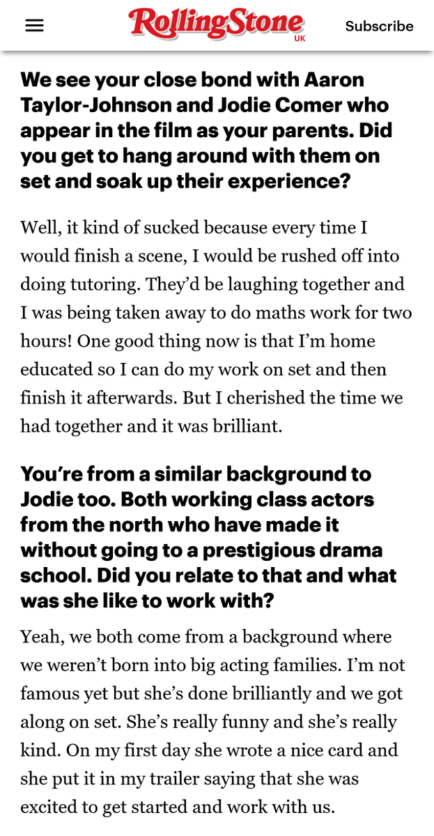Alfie Williams on working with Jodie Comer

"She’s really funny and she’s really kind. On my first day she wrote a nice card and she put it in my trailer saying that she was excited to get started and work with us."

rollingstone.co.uk/film/features/…