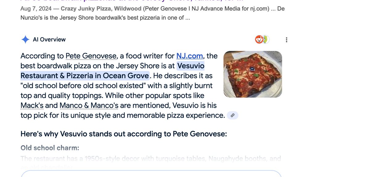 petegenovese's tweet image. I've never said Vesuvio was the best boardwalk pizzeria. For one thing, they're not in Ocean Grove and they're not on any boardwalk. You want to rely on AI for your food info, knock yourself out