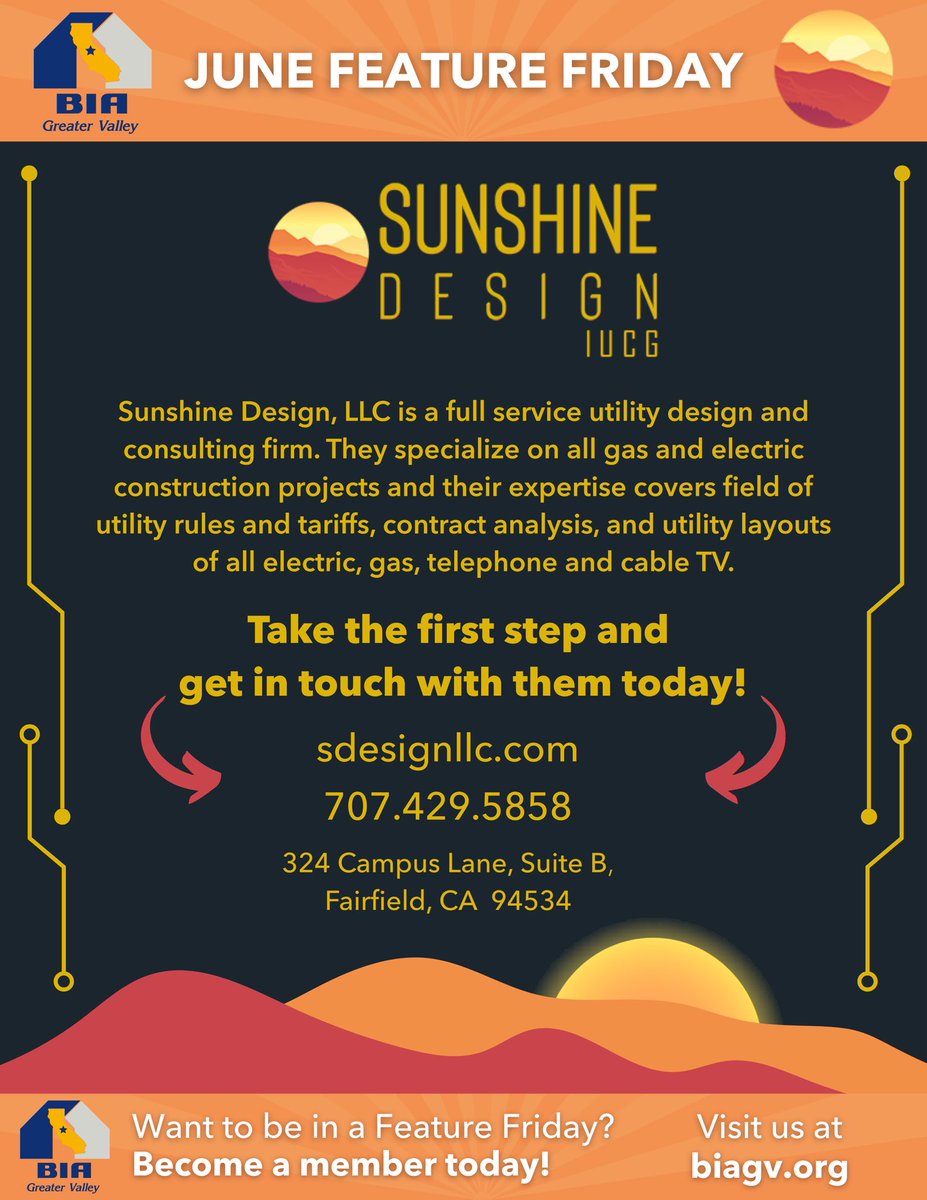 Our June #FeatureFriday is Sunshine Design, LLC! 

2x a month we’ll cross promote a BIA GV member on our social media pages. 

We’re grateful to have Sunshine Design, LLC, a complete service provider for all your utility needs, as a BIA GV member! 

Visit: sdesignllc.com