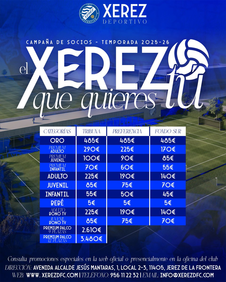 CARTEL 🔵 | #ElXerezQueQuieresTú

📸 Presentado el cartel de la campaña de socios 2025/2026

Desde hoy, 27 de junio, ya puedes renovar tu carnet para la nueva temporada de forma 𝐨𝐧𝐥𝐢𝐧𝐞 en 
xerezdfc.compralaentrada.com y próximamente de forma 𝐩𝐫𝐞𝐬𝐞𝐧𝐜𝐢𝐚𝐥 en la oficina
