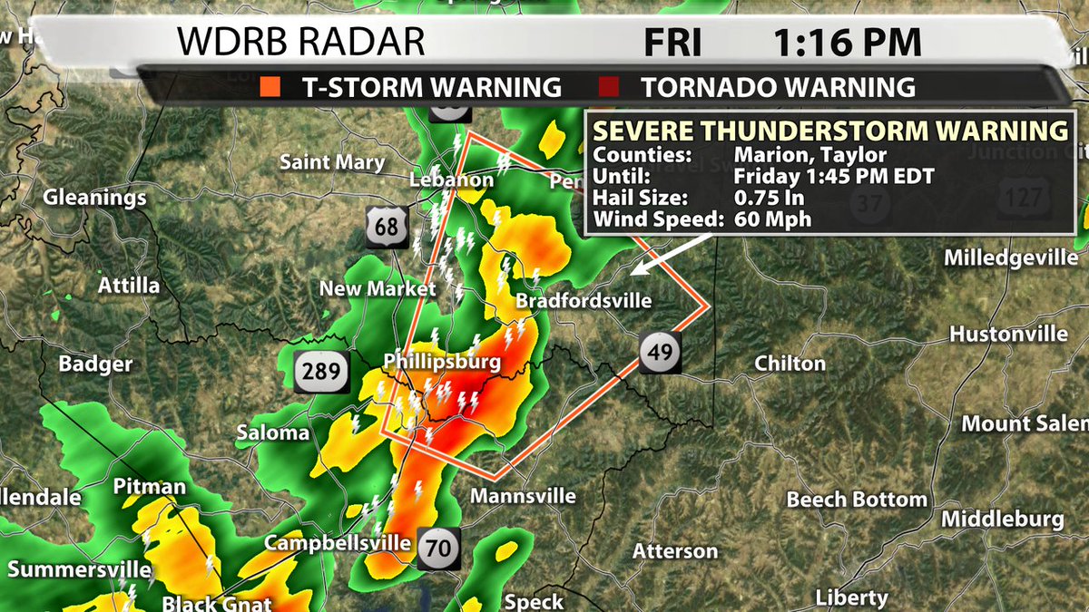 A Severe Thunderstorm Warning has been issued for Marion, Taylor Co. until 6/27 1:45PM EDT. Tune to WDRB or go to our interactive radar at wdrb.com/weather.