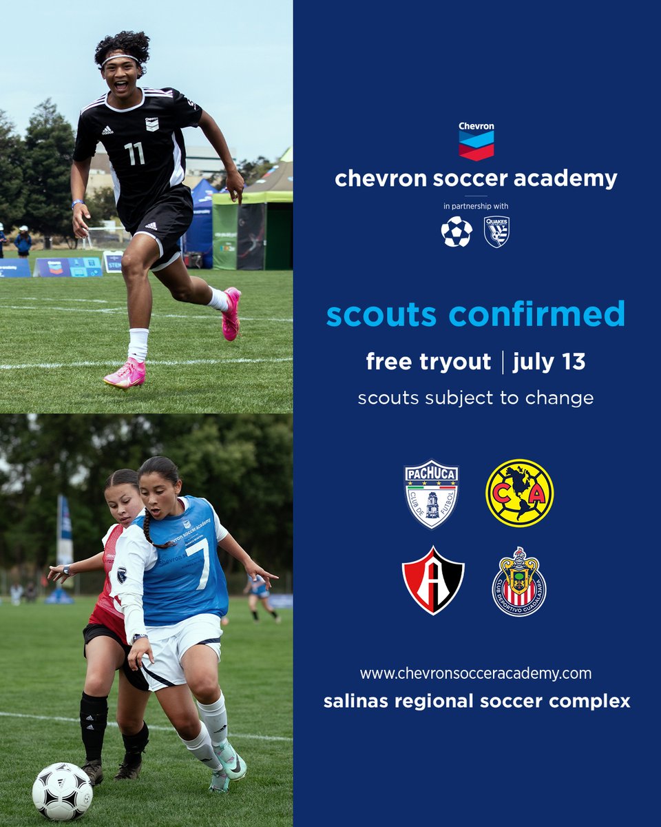 Scouts confirmed for the #ChevronSoccerAcademy Tryout on July 13th in Salinas!🔥

If you haven't registered yet, do it NOW via csaregistration.com/register/tryou… !

#AlianzaDeFutbol