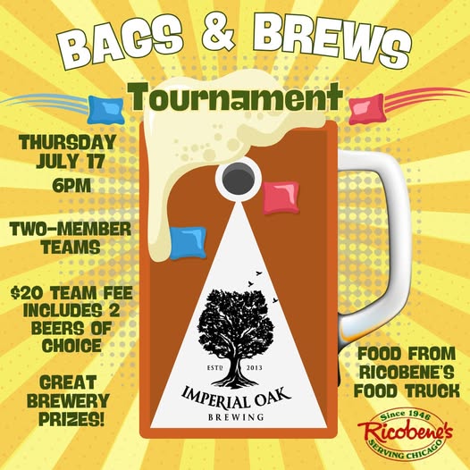 We're kicking off the Beats &amp; Brews 2K25 in Brookfield with our first-ever Bags tournament under the tent on Thursday, 7/17! Grab a partner and sign up. Ricobene's will be serving at 4pm, bags at 6:00. Team registration includes two beers. Register here: imperialoakbrewing.com/beats-brews-in…