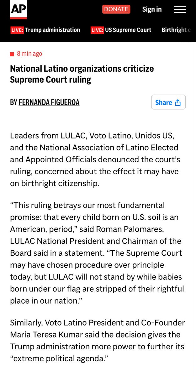 National Latino organizations: <a href="/LULAC/">LULAC</a> <a href="/WeAreUnidosUS/">UnidosUS</a> <a href="/votolatino/">Voto Latino</a> criticize Supreme Court ruling 

apnews.com/live/supreme-c…