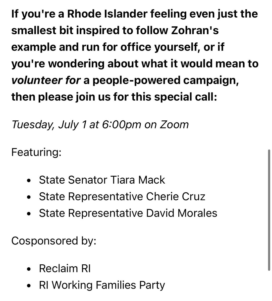 Ray Baccari Jr. (@raybaccari) on Twitter photo .<a href="/ri_wfp/">RI Working Families Party</a> and <a href="/reclaimri/">Reclaim RI</a> using momentum from Zohran Mamdaniโs NYC mayoral race win in the Democratic primary to recruit candidates in RI
The call on Tuesday will feature state Reps. <a href="/DavidMoralesRI/">RI State Rep. David Morales ๐น</a> and <a href="/ConcernedRIer/">Cherie Cruz</a> and Sen. Tiara Mack .<a href="/ri_wfp/">RI Working Families Party</a> and <a href="/reclaimri/">Reclaim RI</a> using momentum from Zohran Mamdaniโs NYC mayoral race win in the Democratic primary to recruit candidates in RI
The call on Tuesday will feature state Reps. <a href="/DavidMoralesRI/">RI State Rep. David Morales ๐น</a> and <a href="/ConcernedRIer/">Cherie Cruz</a> and Sen. Tiara Mack