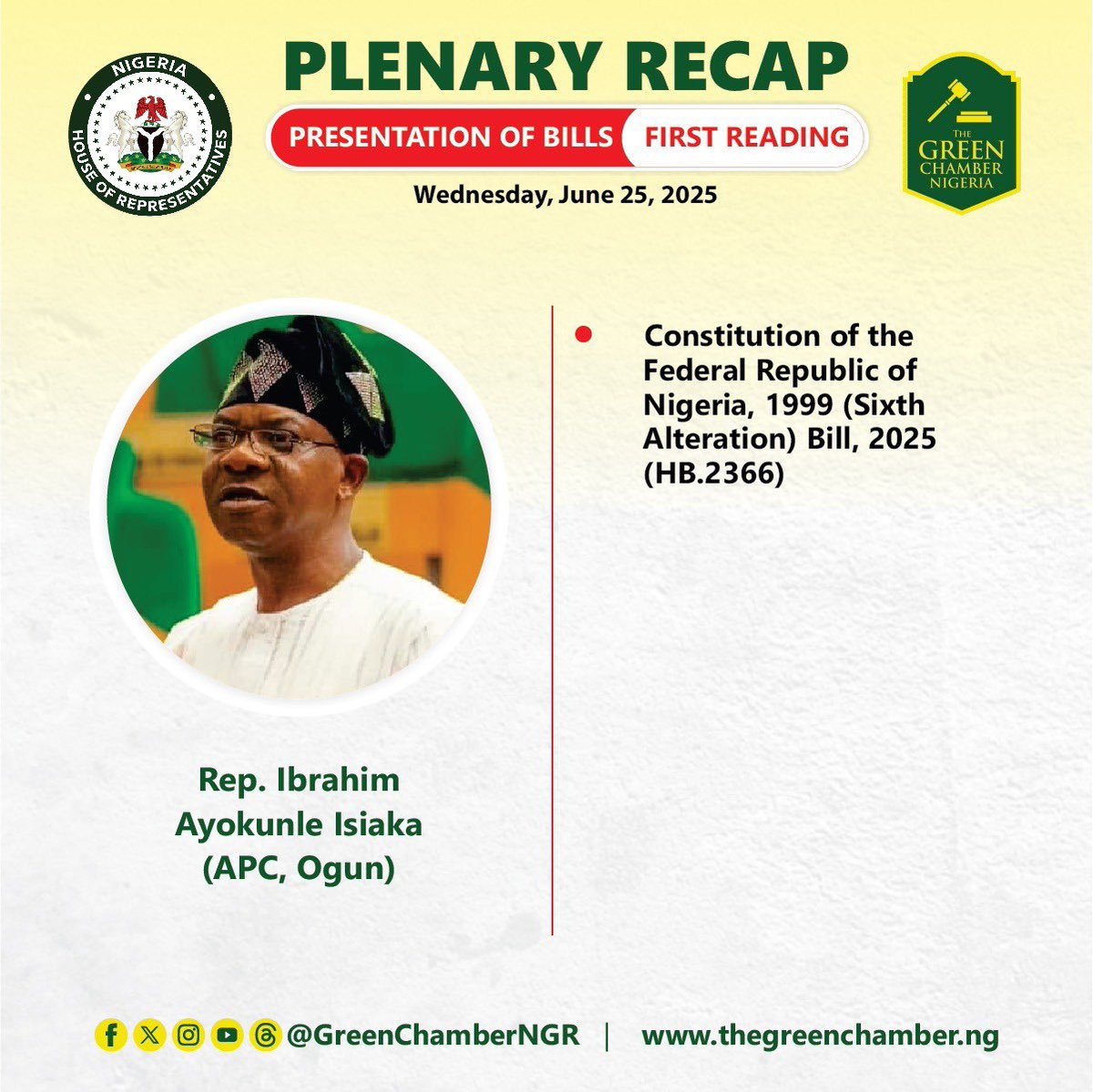 HouseNGR's tweet photo. Presentation of Bills (First Reading)
Wednesday, June 25, 2025
#HouseNGR #10thAssembly #BillsPresentation #FirstReadingBills https://t.co/QH6puW8TYf