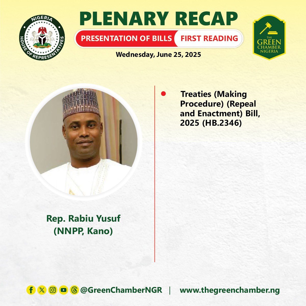 HouseNGR's tweet photo. Presentation of Bills (First Reading)
Wednesday, June 25, 2025
#HouseNGR #10thAssembly #BillsPresentation #FirstReadingBills https://t.co/QH6puW8TYf