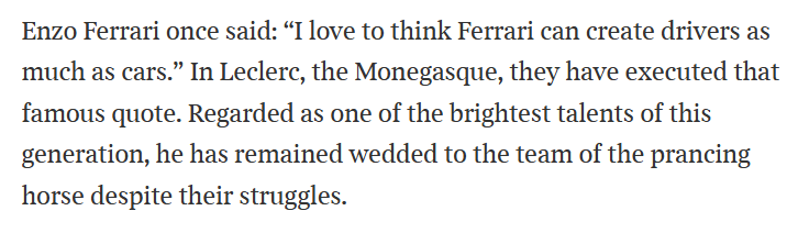 leclercsletters's tweet photo. "enzo ferrari once said: “i love to think ferrari can create drivers as much as cars.” in leclerc, the monegasque, they have executed that famous quote." https://t.co/R1kDZVrQdO