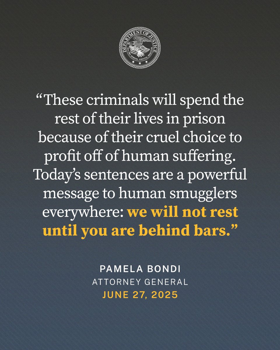 Smuggling Leader and Top Coordinator Will Spend Remainder of Their Lives in Prison Following Their Sentencing on Third Anniversary of Deadly Tractor-Trailer Smuggling Conspiracy

Read more:
justice.gov/opa/pr/smuggli…

x.com/DOJCrimDiv/sta…