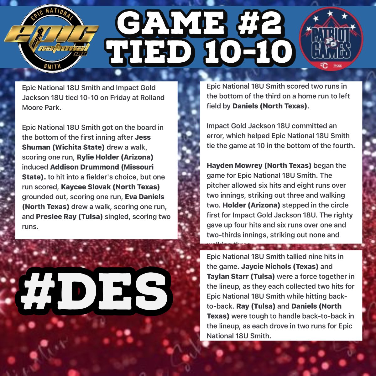 Game 2 was a hard fought game.  We tied 10-10.  Great playing ladies!  Way to fight till the end 🖤💛♥️
#BeEpic #EpicAthletics #Des