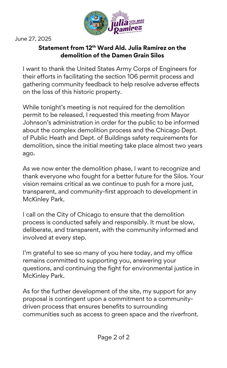 June 27, 2025 - Statement from 12th Ward Ald. Julia Ramirez on the demolition of the Damen Grain Silos