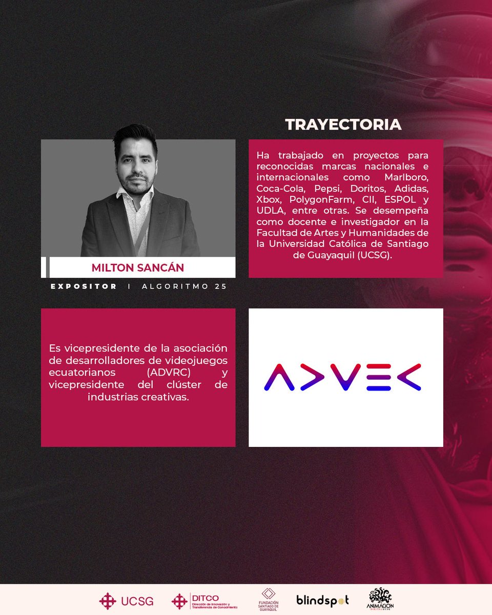 algoritmoucsg's tweet image. 🎮 CONOCE LA TRAYECTORIA DE MILTON SANCÁN

🤖 En ALGORITMO 25, presentará la ponencia “El futuro de la interacción en videojuegos”.

🎫 Adquiere tus entradas en Ticket Show o en el piso 10 del Edificio de Posgrado UCSG.

#Algoritmo25 #Videojuegos #InteligenciaArtificial #IA